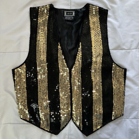 Vtg 80s AJ Silk Blend Vest Womens Small Black Gold Sequin Beads Waistcoat Party - Picture 1 of 8